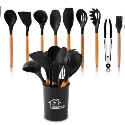 Juego Menage de 11 Piezas Silicona Madera + Contenedor Cilindrico